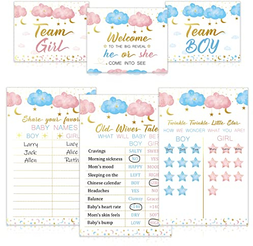 Baby-Gender Reveal Partyzubehör-Set, Twinkle Little Star, Foto-Requisiten, Spiele, Dekorationen, Er oder sie, inklusive 3 Spielposter (28 x 43 cm), 3 Schilder (20,3 x 25,4 cm), 60 Blaue und rosa