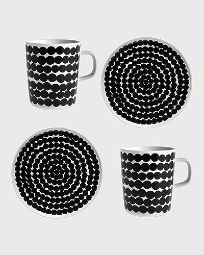MARIMEKKO Oiva Rsymatto Geschirr-Set, bestehend aus 2 Tellern (20,3 cm) und 2 Tassen (250 ml), ikonisches schwarz-weißes Steingut-Set zur Verfeinerung Ihrer Küchendekoration