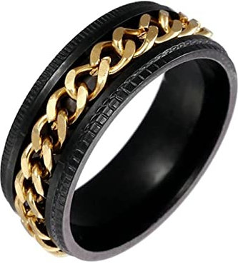 KnBoB 8MM Edelstahlring Einfach, Schwarz Gold Panzerkette Ketten Spinner Ring Fidget Ring für Herren Größe 70 (22.3)