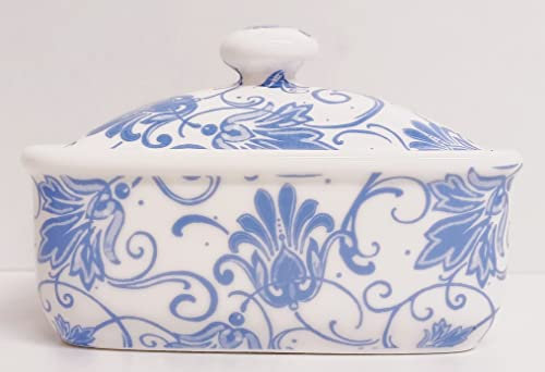 Parisian Blue Butter Dish Bone China Blue Floral Scroll Swirl Lidded Container Hand Decorated in UK