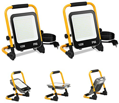 Tubiaz LED Baustrahler, 2x100W LED tragbares Flutlicht mit abnehmbarem Ständer, Baulampe 10000LM Baustellen Strahler 6000K Kaltweiß, IP66 Wasserdicht für Autoreparatur(3M Kabel)