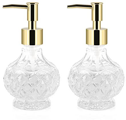 Retyion Glas-Seifenspender, Handseifenspender, Seifenspender, Badezimmer, mit rostfreier Pumpe für Küche, Geschirrseife, Handseife, ätherisches Öl und Lotion (2 Stück, Gold)