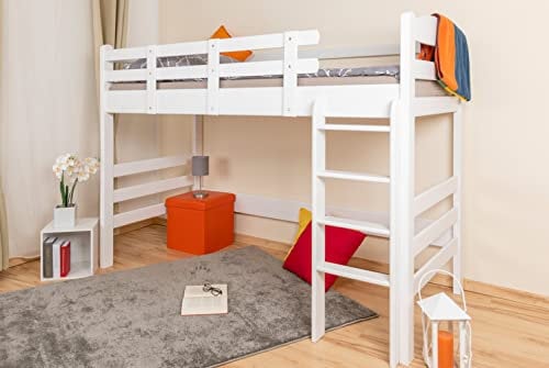 Hochbett für Erwachsene Easy Premium Line K22, Buche Vollholz massiv Weiß - Liegefläche: 90 x 200 cm