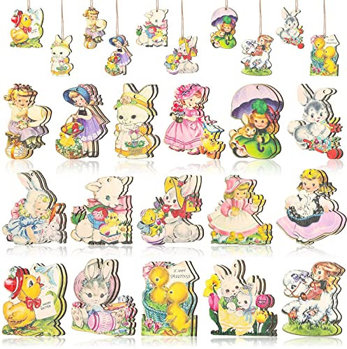 Vintage-Oster-Mini-Ornamente mit Eierhasen-Elementen, 32 Stück, aus Holz, Retro-Frühlingsornamente für Baumschmuck und Heimdekoration