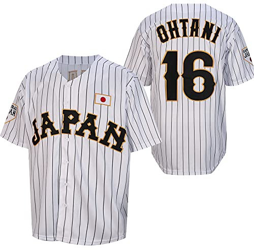 Ohtani 16# Herren Japan Baseball Trikots Weiß Schwarz Nadelstreifen, Weiss/opulenter Garten, L