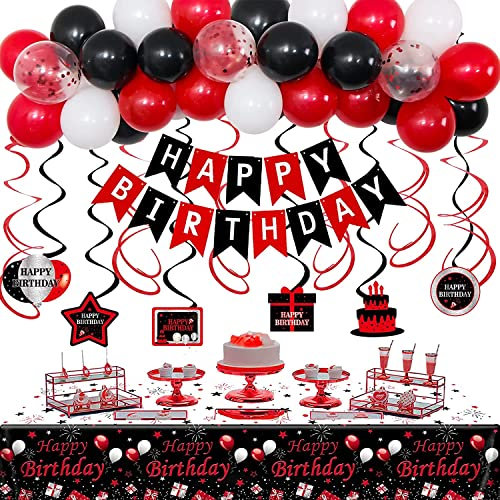 Red and Black Birthday Decorations for Men, Happy Brithday Party Decorations for Women Brthday Balloons Banner Tablecloth Hanging Swirls Decor Red Balloon Arch Bady Party Supplies