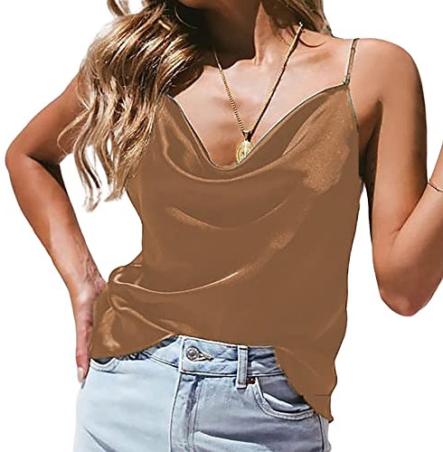 KCatsy Women Camisole Camis Top Tank T-Shirt Satin Cowl Neck Sleeveless Solid Daisy Polka Dot Zebra Leopard Camouflage Pattern Cottagecore Print Loose Sling Summer Tops A Khaki 2XL 16
