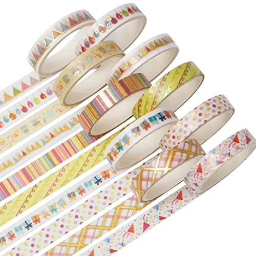 KAVI' S Dünne Gold Washi Tape Set Masking Tape Folie Klebeband Bunt für DIY Handwerk, Bullet Journals, Planer, Scrapbooking, Verpackung (Party Elements)
