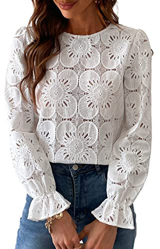 CUPSHE Women Blouse Casual Top Cutout Flower Round Neck Long Sleeves Elastic Cuffs Elegance Shirt