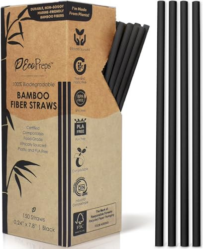 EcoPreps Black Bamboo Fiber Biodegradable Straws, 100% Compostable, Plastic-Free, Eco-Friendly Drinking Straws | 8'' Plant Fiber Disposable Straws, Durable for Hot & Cold Drinks (7.8” - 150 Straws)