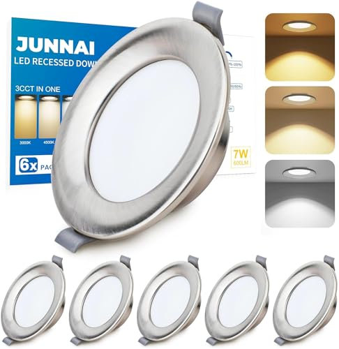 JUNNAI LED Einbauleuchten Ultra Flach 230V,7W Dimmbar LED Einbaustrahler, Deckenspots 70mm-90mm EinbauØ,Warmweiß Neutralweiß Kaltweiß Deckenspots für Badezimmer Küche Wohnzimmer,6er Set
