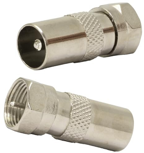 AERZETIX – C69031 - Lot de 2 connecteurs raccords coupleurs coaxiaux type F mâle vers fiche d'antenne TV mâle droit - récepteur satellite - couleur argent