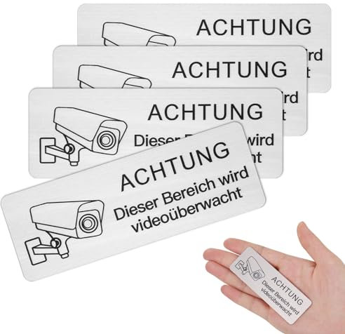 JIZZU 4 cartelli per videosorveglianza, 8,5 x 3 cm, autoadesivi in alluminio, segnale di avvertimento, segnale di avvertimento, proprietà privata, antiruggine (argento-bianco)