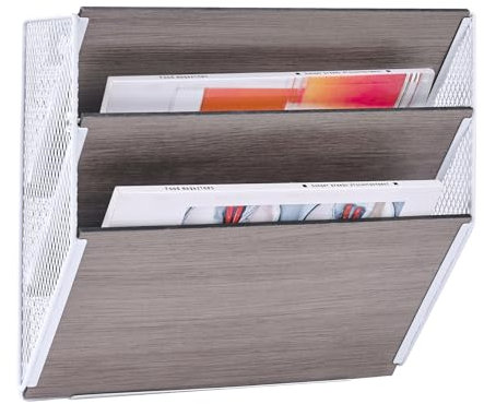 TQVAI Porte-documents mural à 3 poches en bois A4 - Support mural à suspendre pour magazines - Organiseur de bureau dans un plateau pour accessoires de bureau et d'école, blanc/gris