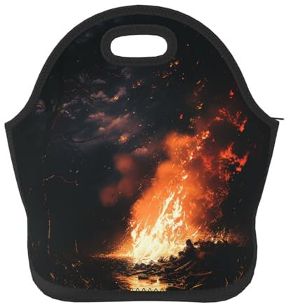 Bolsa de almuerzo de neopreno para mujeres y hombres, lonchera aislada con fuego en el cielo nocturno, bolsa de almuerzo portátil, bolsa de almuerzo reutilizable, lavable, lonchera de viaje, picnic,