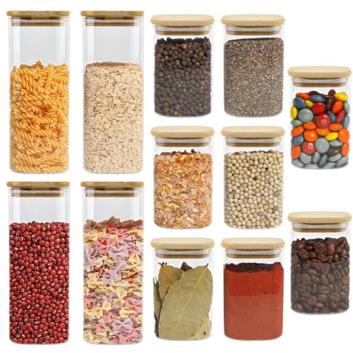 HUMOKI Bocaux en Verre Avec Couvercle en Bambou - 12 Pièces 1000ml 600ml Carrés, Hermétiques pour Rangement Cuisine, Épices, Spaghetti, Café, Céréales