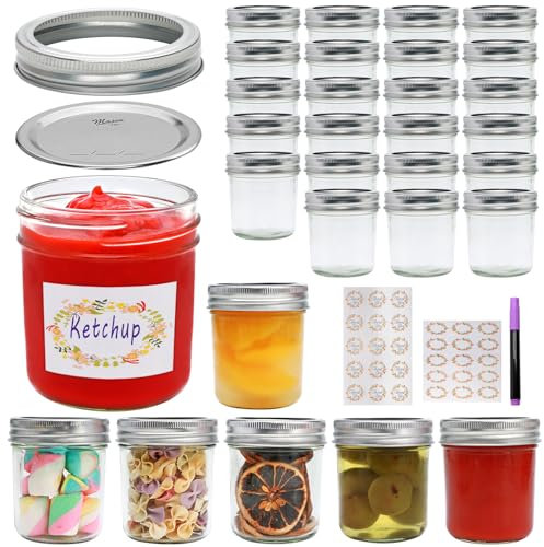 Datttcc Mason Jars Herb Canister, 6 OZ Glass Mason Jar with Regular Lids and Metal Divider, Rustic Country Style Storage Container for Bathroom, Kitchen, Living Room, Office,Set of 30
