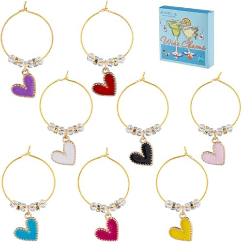 SUNNYCLUE 1 Box 8Pcs Valentines Day Wine Glass Charms Wine Glass Tags Glass Markers Bulk Heart Love Drink Tags Glass Identifiers for Gathering Wedding Holiday Party Favor Drinks Decor Supplies