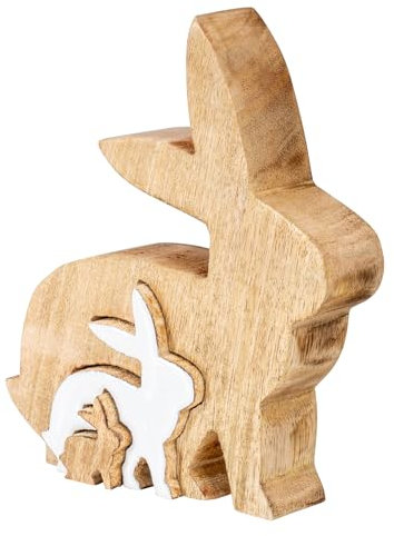 levandeo Hase Familie Holz Natur Braun Weiß Mangoholz Tischdeko Aufsteller Figur Osterhase Deko Frühling Ostern Tischdeko Aufsteller