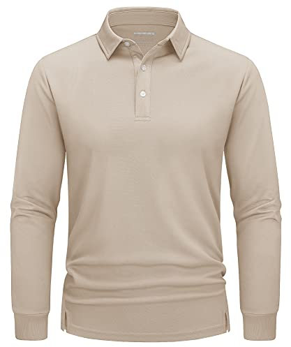 TACVASEN Herren Poloshirt Langarm Schnelltrocknend Langarmshirt Funktionsshirts Casual Polo Tactical Shirt Oberteil, Khaki, S