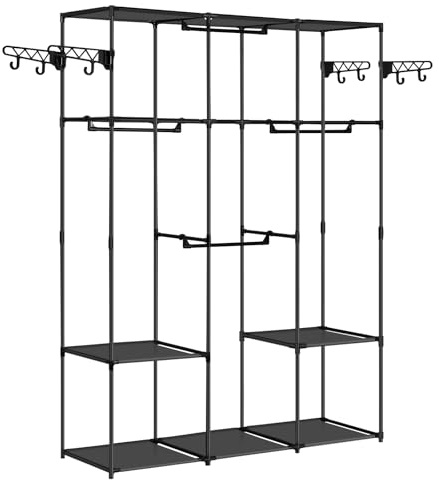 WOLTU Kleiderschrank offen, Kleiderständer Garderobenständer, Garderobe mit Ablagen Kleiderstangen Haken, Standgarderobe Schlafzimmer, Kleiderregal aus Stoff Metall, Schwarz