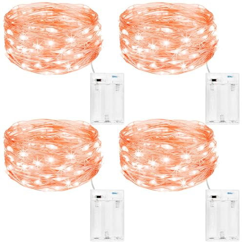 kolpop LED Lichterkette Batterie [4 Stück], Lichterketten für Zimmer, 5m 50er Micro LED Lichterkette Draht Innen Batteriebetrieben für Halloween Party Weihnachten Hochzeit Deko(Orange Farbe)