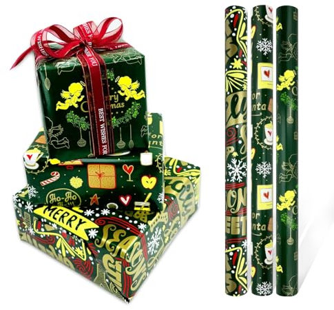 Rouleaux de papier cadeau - 3 rouleaux de 43 cm x 3 mètres de papier cadeau de Noël vert pour Noël, anniversaire, mariage, baby shower, fête, festival.