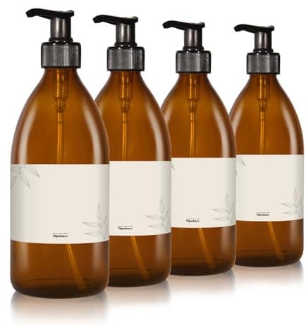 Oputec 4 x 500ml Seifenspender aus Glas + Etiketten: Shampoo Flaschen zum Befüllen als Duschgel Spender, Pumpspender - Pumpflasche aus Braunglas - Behälter zum Befüllen für Küche Badezimmer