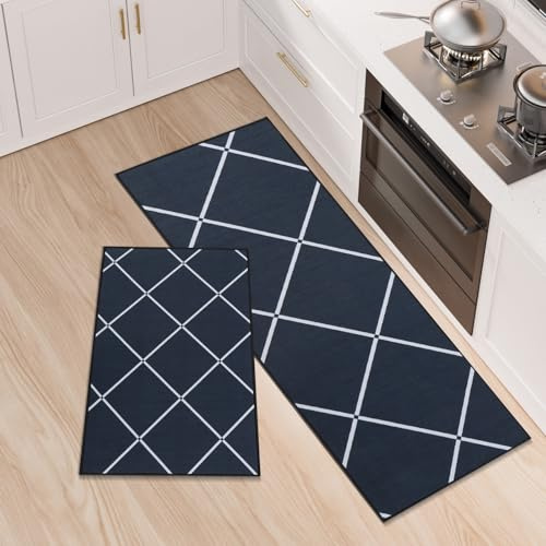 LY4U Juego de 2 Alfombras de Cocina, Alfombrillas de Cocina Lavables, Corredera Antideslizante, Alfombrilla Absorbente para Entrada y Decoración del Hogar de Oficina, 43x75+43x120cm, Negro
