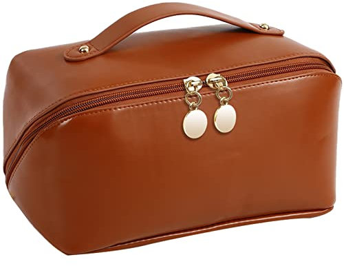 TOPALL Kosmetiktasche Reise Damen,Beauty Case PU Leder,Groß Make Up Tasche,Portable Schminktasche Kulturtasche Organizer mit Kapazität für Reisezubehör Travel Essentials Women(Smooth Brown)