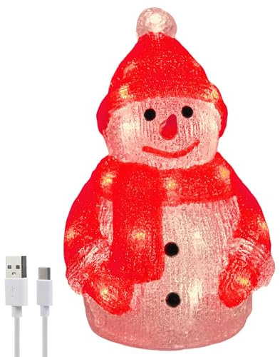 Gloworm YKL-1014 21 cm große Weihnachtsfigur aus Acryl beleuchteter Schneemann, 26 warmweiße LEDs 6-Stunden-Timer, Dual-Power USB oder Batterie: 3 x AA (Nicht im Lieferumfang enthalten), Innenbereich