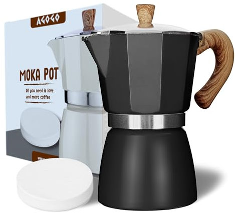 AGOGO Milano Moka Pot, Stovetop Espresso Coffee Maker, Percolator Espresso Maker With Paper Filter (Black, 6 Cup/300ml)