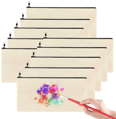 10 Stück DIY Blanko Stoffbeutel, Cremefarben Stoffbeutel zum Bemalen Reißverschluss, 12 x 21 cm Kosmetiktasche Klein, Federmäppchen zum Bemalen für Basteln Kindergeburtstag Kosmetiktasche Aufbewahrung