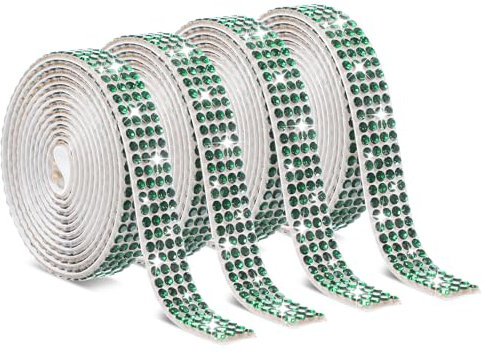Telooco 4 Rotoli Nastro di Strass Autoadesivo Glitter Strass Autoadesivo con Cristalli Nastro Adesivo Rotoli per Artigianato Fai da Te Specchi Vestiti (4 Righe da 1 Yard, Verde)