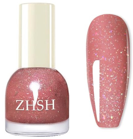 NLFOX Glitter Nail Varnish - Coral Pink Quick Dry Shimmer Iridescent Nail Polish - 60 Seconds Natural Nail Polish Long Last No UV Cure