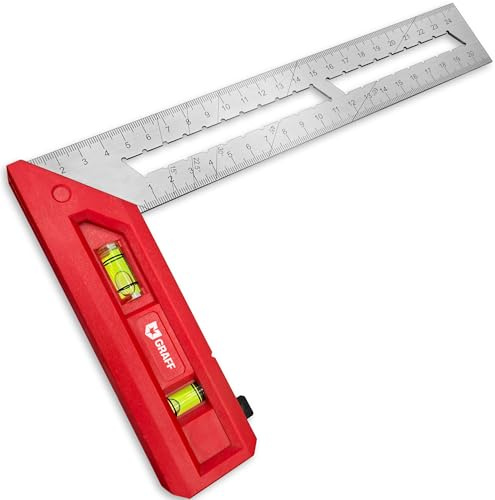 Zimmermannswinkel 250mm - Anschlagwinkel mit Doppel-Wasserwaage für ultimative Vielseitigkeit – Präziser 90°/45° 2-K Schreinerwinkel mit Kunststoff-Griff und Edelstahl-Lineal GRAFF