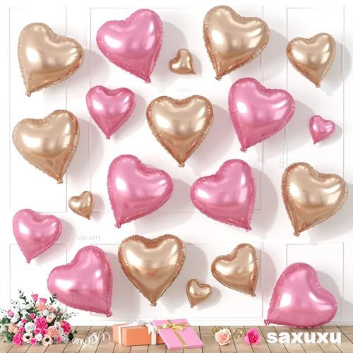 Saxuxu Rose Gold Pink Heart Balloons, 20 Pcs 5/10/18 inch Foil Heart Shaped Balloons for Valentine's Day Decorations, Wedding, Engagement, Bridal Showers, Anniversary Celebrations