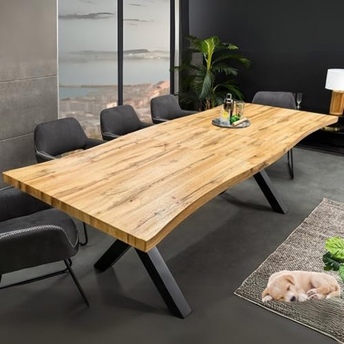 LEBENSwohnART Ausziehbarer Esstisch Oakland 180-220cm Wildeiche-Design Baumkante schwarzes X-Metallgestell