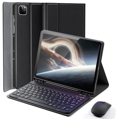 für iPad Pro 13 Zoll (M4 2024) Hülle mit aufladbarer Deutsche Zeichen Tastatur (QWERTZ) kabellose Bluetooth-Tastatur, Maus, Schutzhülle mit Stifthalter, Rillenhülle Magnetisch Keyboard case Schwarz