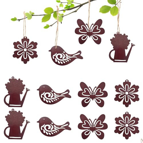 Kabwea 12 Piece Hanging Wooden Garden Ornaments, Spring Decorations, Hanging Spring Decor