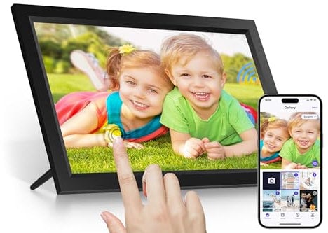 Cornice digitale Wi-Fi Tibuta da 15,6 pollici, touch screen IPS 1366 x 768, cornice elettronica, rotazione automatica, montaggio a parete, può visualizzare foto e video tramite APP