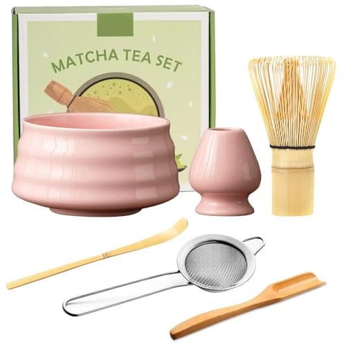 XPJBKC Pink Matcha Set, 6 PCS Matcha Kit, Matcha Whisk Set with Matcha Whisk and Bowl, Matcha Spoon, Sifter and Matcha Whisk Holder, Matcha Bowl Set, Matcha Tea Set Accessories, Macha Tea Kit