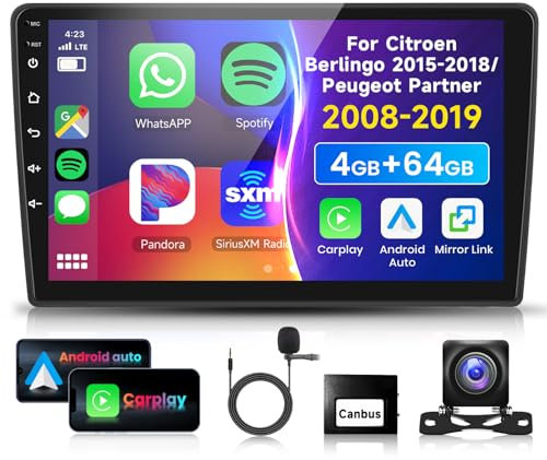 4G 64G VECHTEL 9Autoradio Bluetooth per Citroen Berlingo 2015-2018/Peugeot Partner 2008-2019 Carplay Android Auto,Android 15,DSP EQ,1280 * 720,Wifi GPS,Mirror link,RDS/FM Radio con Retrocamera AHD