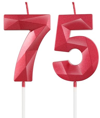 mciskin Rote 75. Geburtstags-Kerzen, 75. Geburtstags-Dekorationen für Frauen und Männer, 3D-Nummer 75 Kerze für Kuchen, Rote Kerzen-Kuchen-Aufsätze für Geburtstagsparty-Dekorationen Hochzeitszubehör