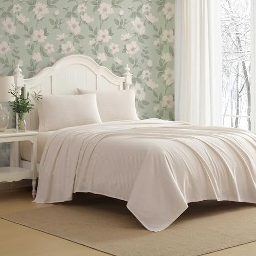 Laura Ashley Kingsize-Bettlaken, Baumwoll-Flanell-Bettwäsche-Set mit passenden Kissenbezügen, gebürstet für zusätzliche Weichheit, Tiefe Tasche, Öko-Tex-Zertifiziert (Oxfordshire Stripe Beige)