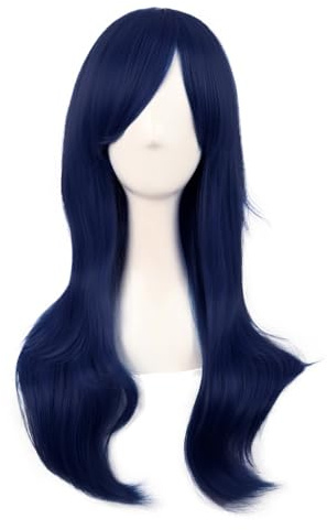 MapofBeauty 28 Inch Side Bangs Long Curly Hair Cosplay Wig,Midnight Blue