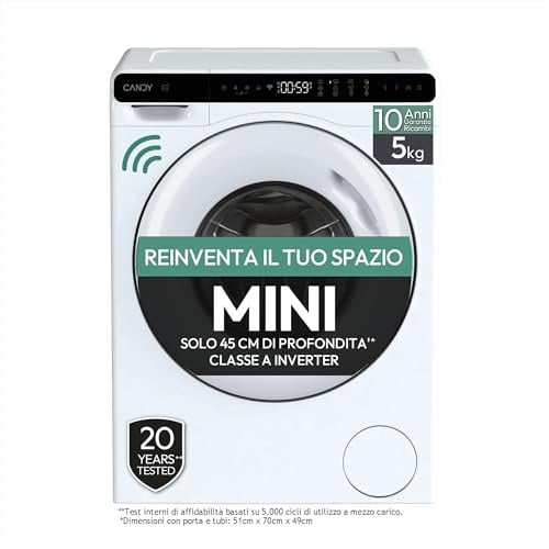 Candy ProWash 700 Mini Lavatrice Slim 5 Kg, Classe A | Motore Inverter, Cicli Rapidi, Wi-Fi, Design Compatto, Smart Spray, Trattamento Antibatterico, Silenziosa, CW50-BP12307WU-S