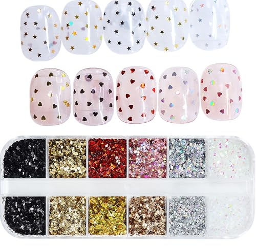 Heart Star Nail Sequins,1 Boxes 12 Grids Laser Heart Love Star Nail Art Glitter,Sparkling Valentine's Day Holographic Glitter Sequins for Women Girls Manicure (B)