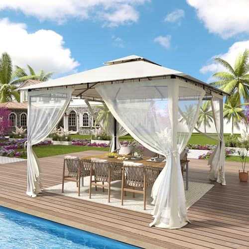UDPATIO Gazebo da Giardino con Doppio Tetto e Zanzariera, 2.75x2.75 m, Struttura in Metallo Resistente, Gazebo Pieghevole Impermeabile per Giardino, Terrazze - Beige