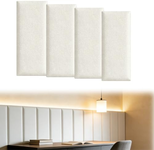 YuLiMirich 4 Stück Wandpaneele Gepolstert, 40x20cm Polsterpaneele Wandpolster Selbstklebend, Wandkissen als Kopfteil oder Prallschutzpaneel Verwendbar, Rechteckige Deko-Wandpaneele (Weiß)